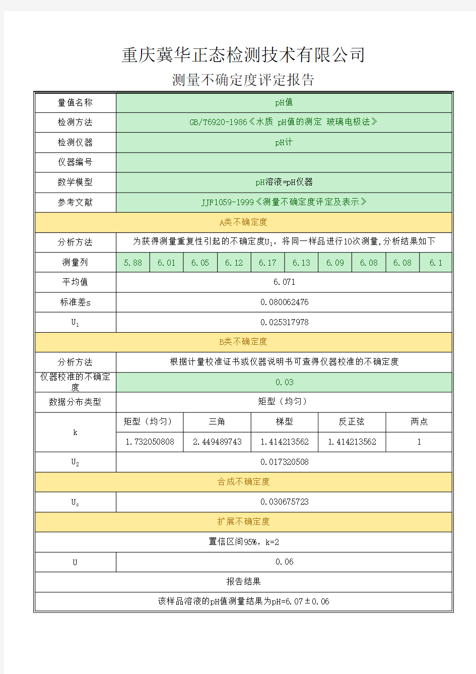 测量不确定度评定报告excel自动计算