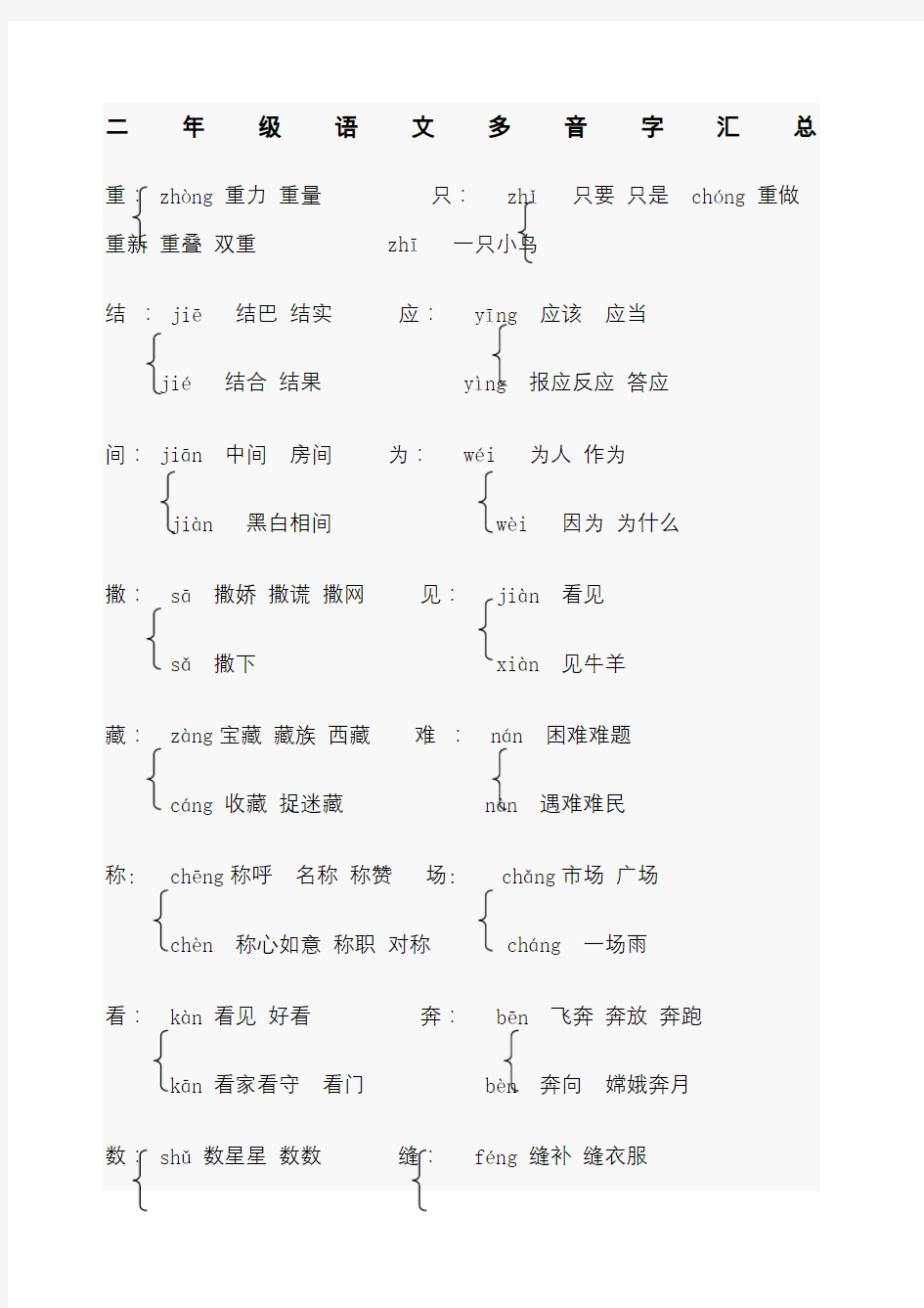 部编版二年级语文多音字汇总