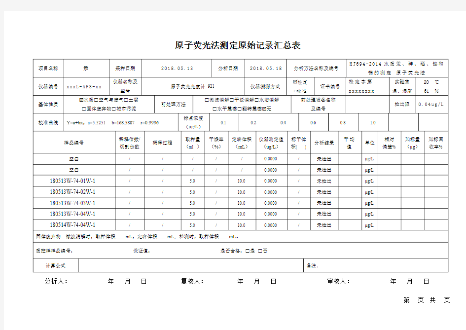 环境检测原子荧光原始记录报告