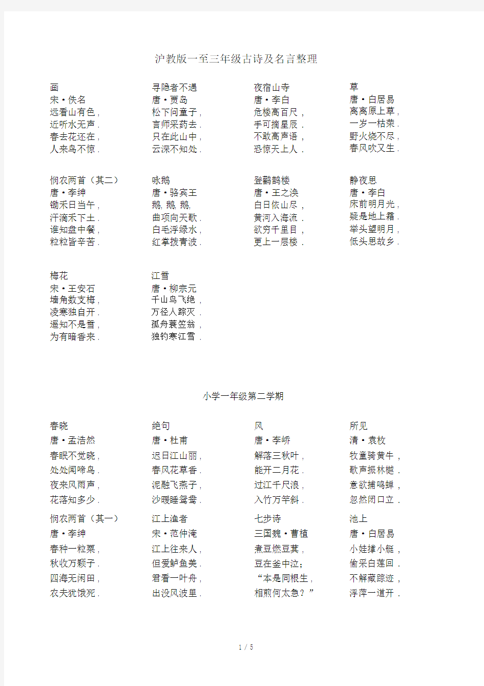 最新沪教版一至三年级古诗及名言整理.docx