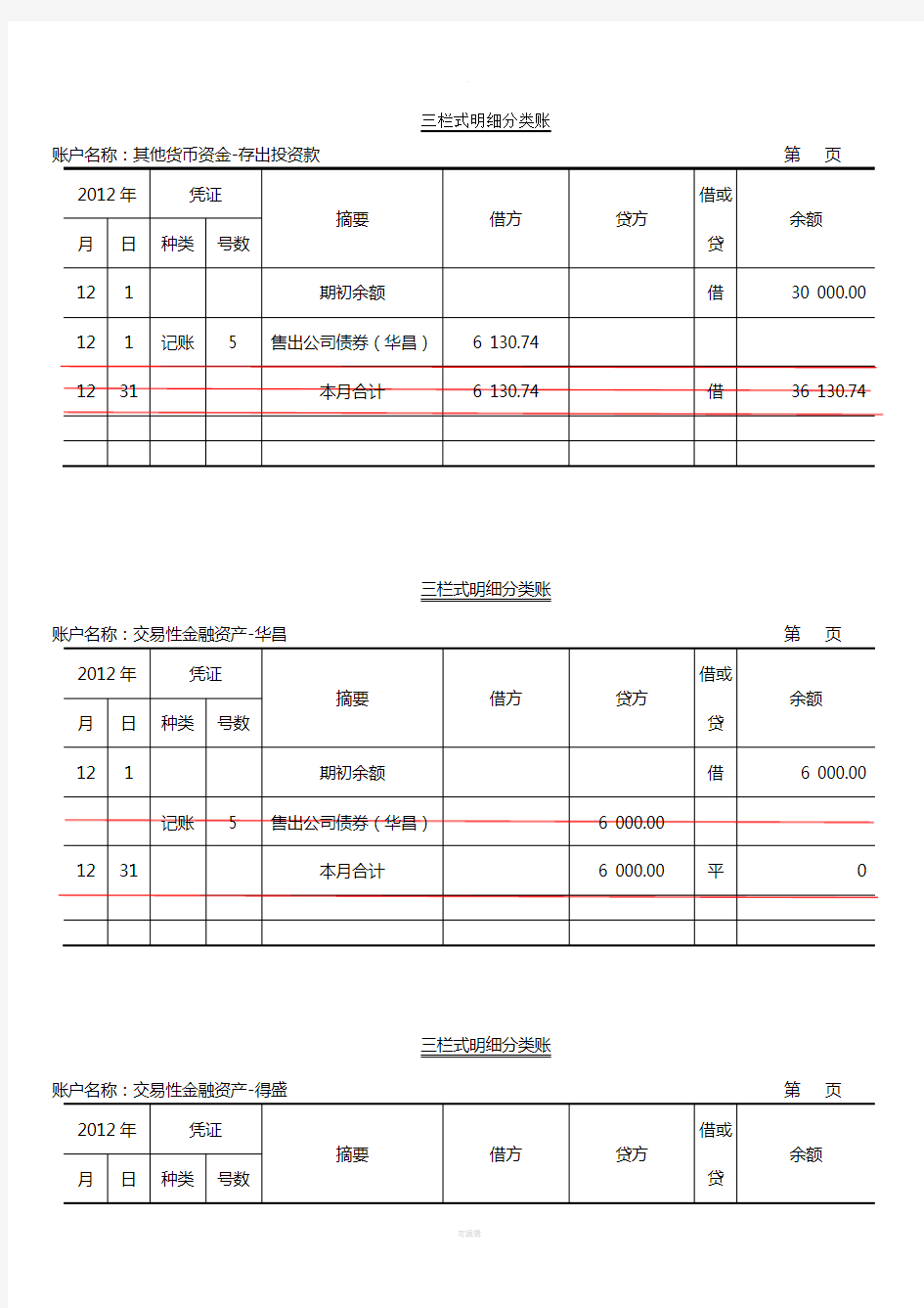 三栏式明细分类账填制