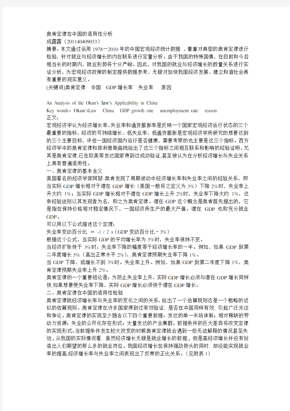 奥肯定律在中国的适用性研究