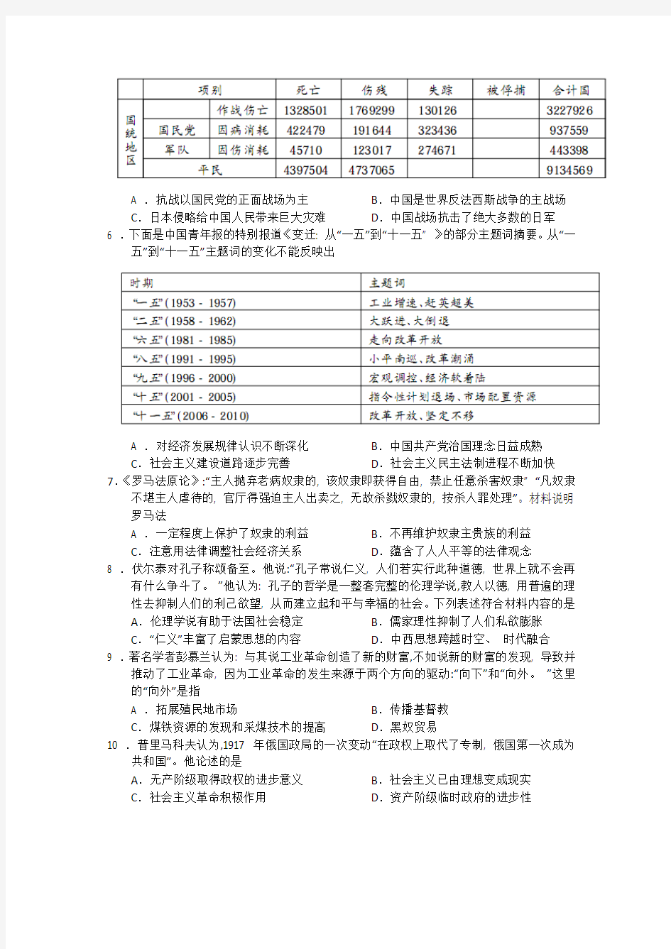 河南省开封市2015届高三第二次模拟考试 历史 Word版含答案