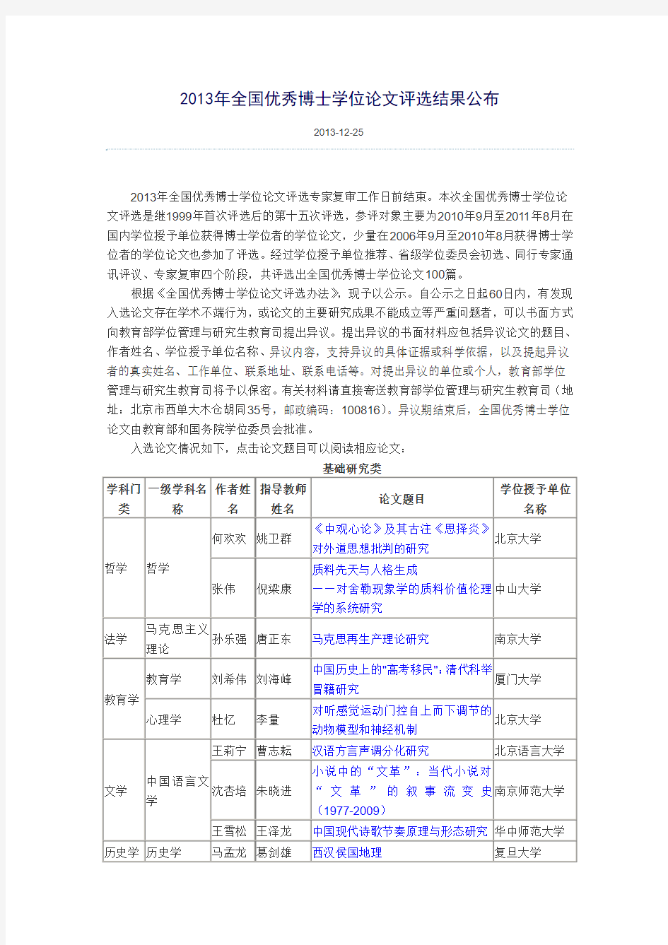 2013年全国优秀博士学位论文评选结果公布