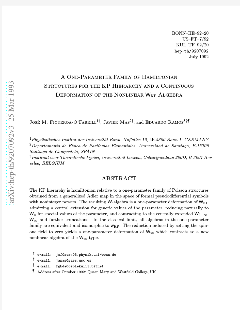A One-Parameter Family of Hamiltonian Structures for the KP Hierarchy and a Continuous Defo
