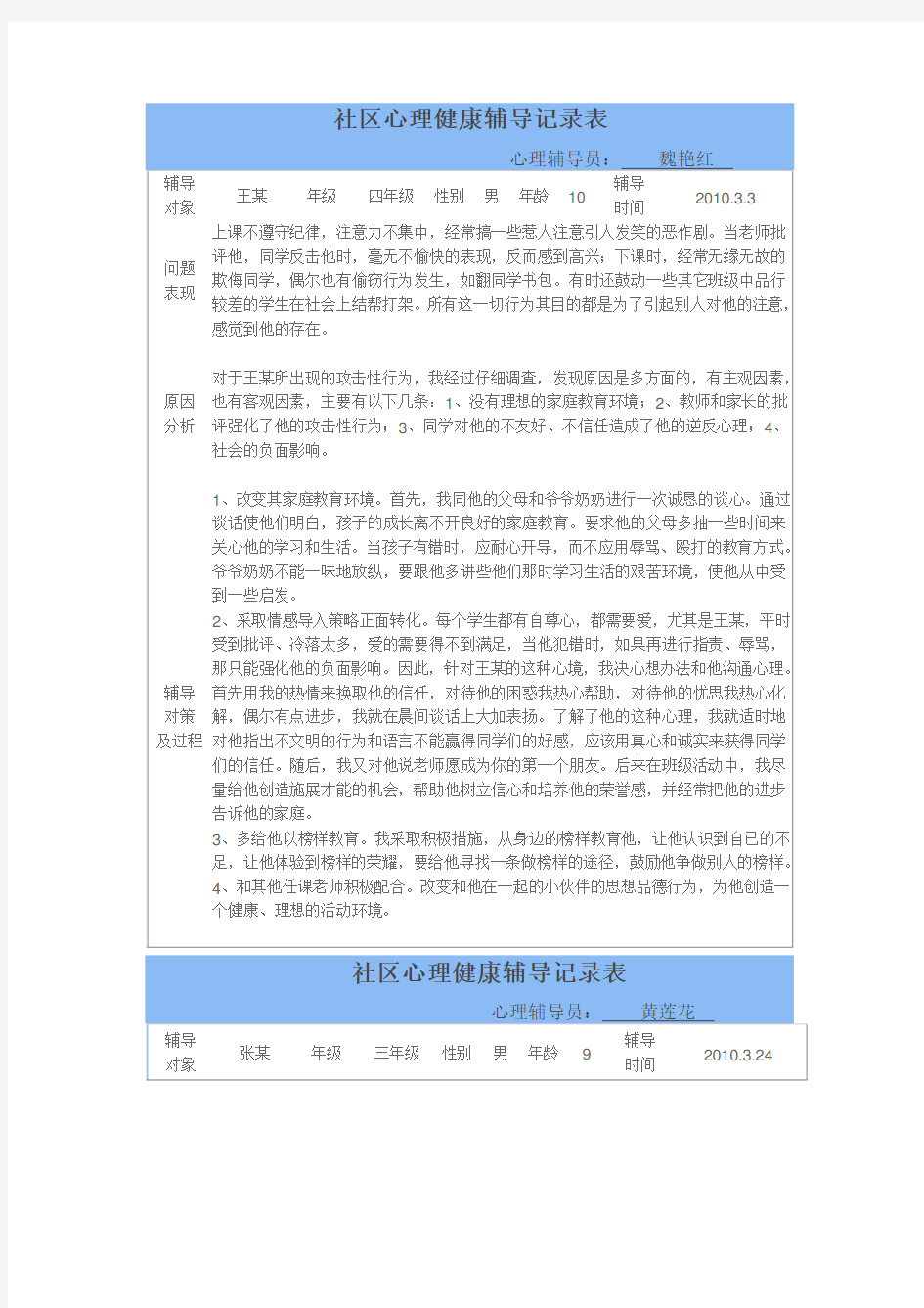 社区心理健康辅导记录表