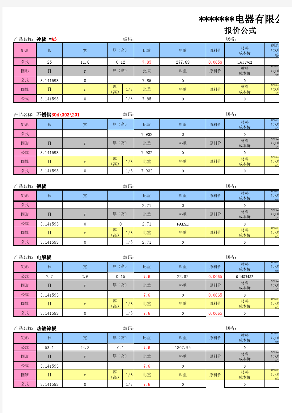 钣金件计算成本公式模板