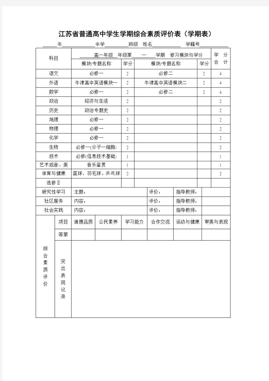 江苏省普通高中学生学期综合素质评价表(学期表)