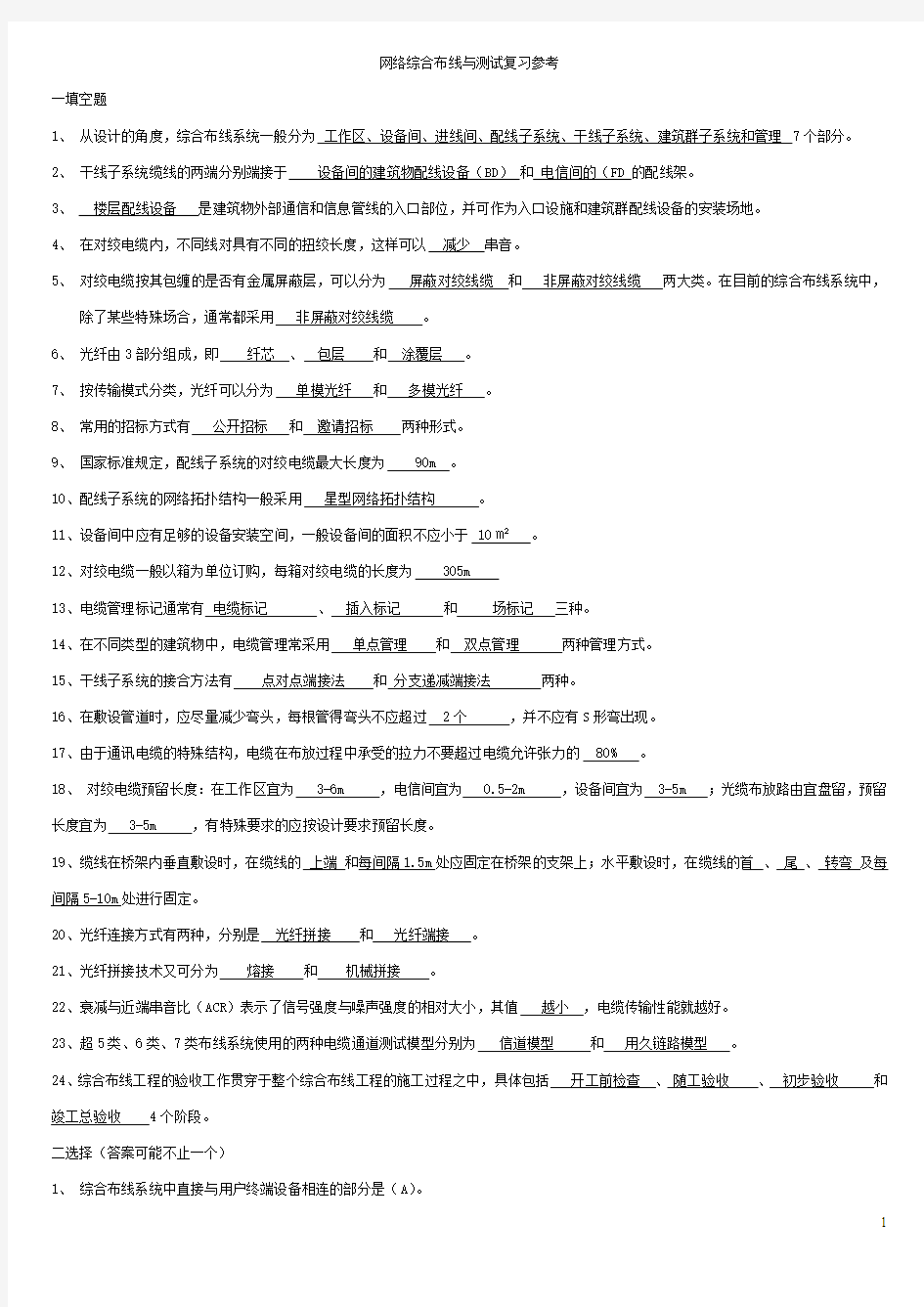 网络工程大学 综合布线考试题 附答案