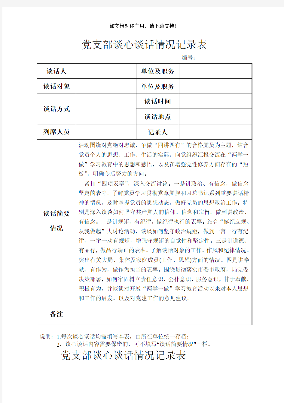 党支部谈心谈话情况记录表