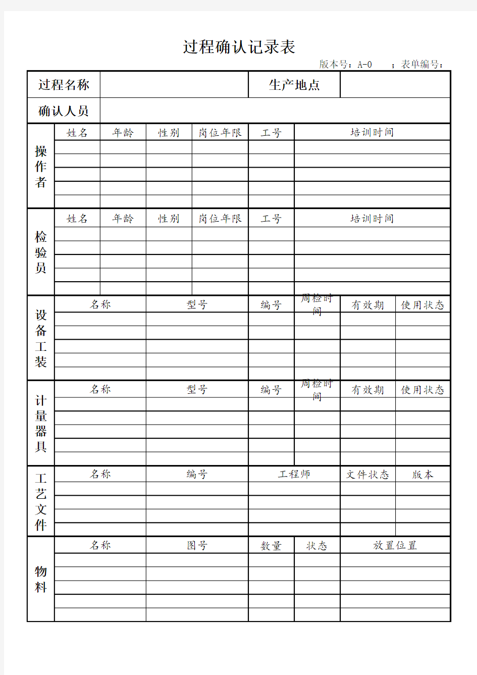 过程确认记录单