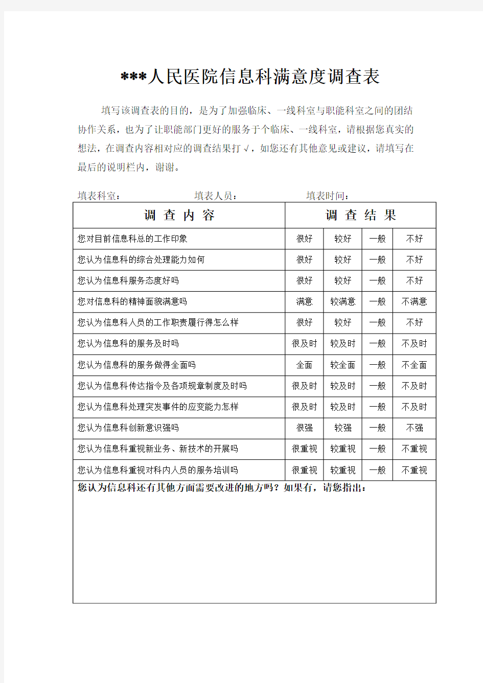 人民医院信息科满意度调查表