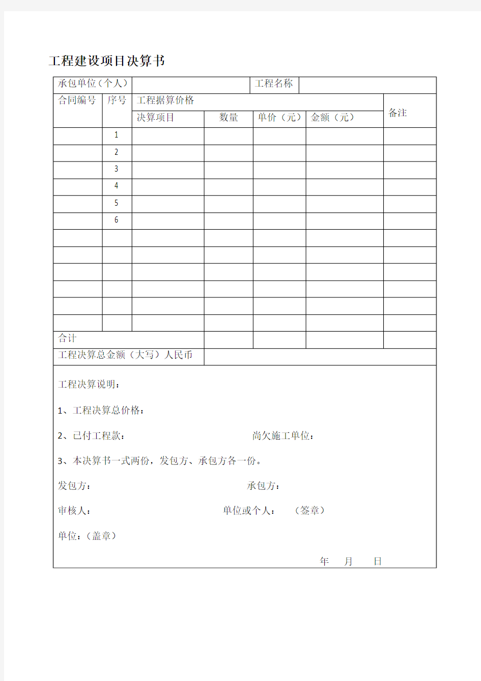 项目决算书模板