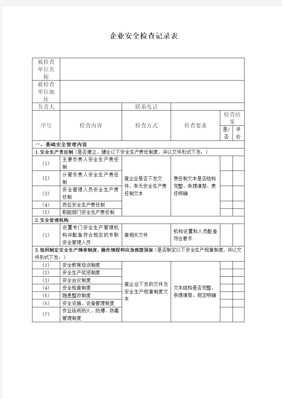 企业安全生产检查记录表