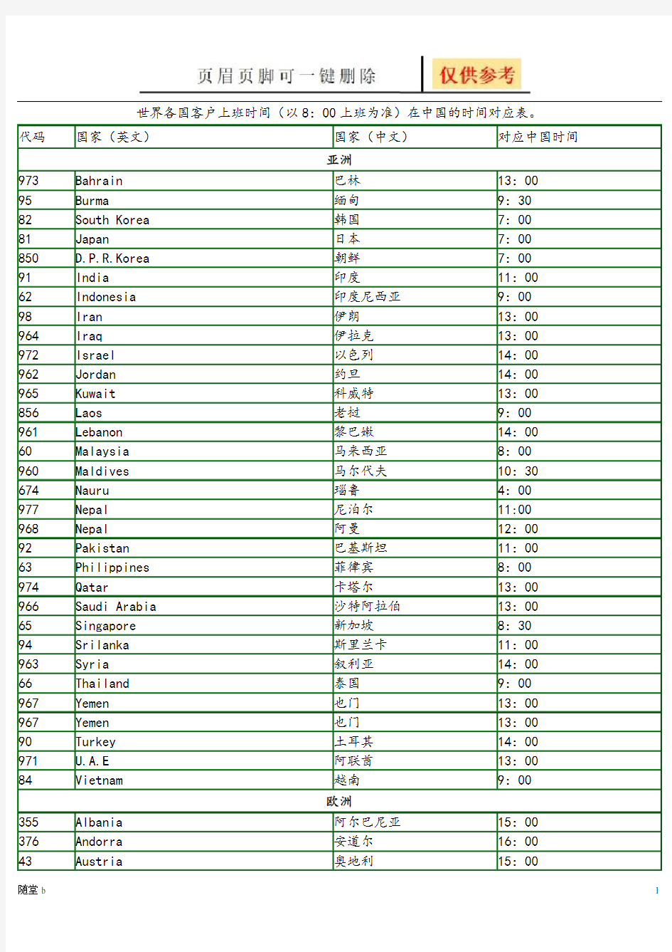 世界各国上班时间对照表(随堂教学)