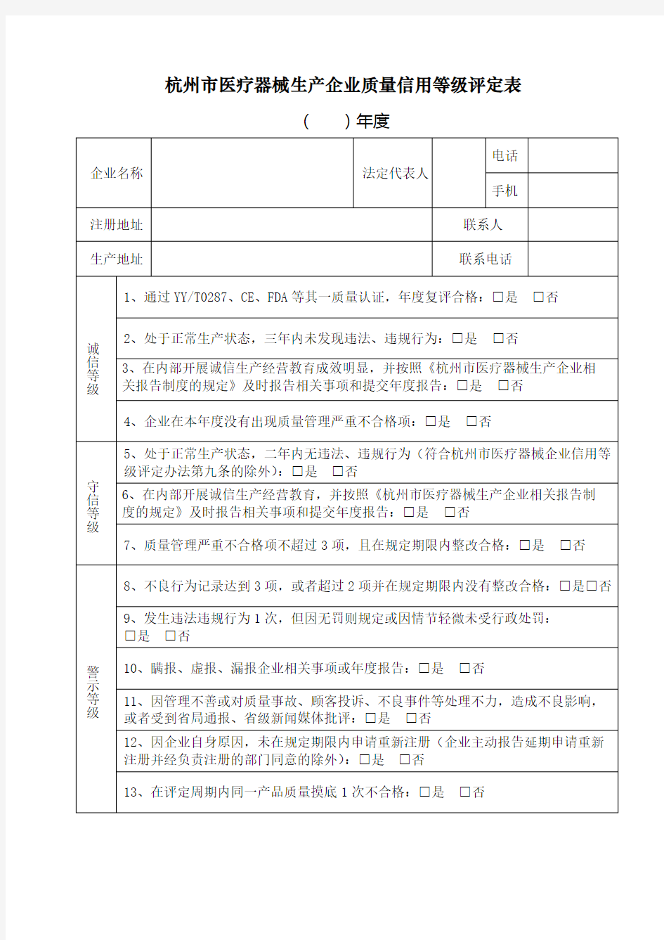 杭州市医疗器械生产企业质量信用等级评定表