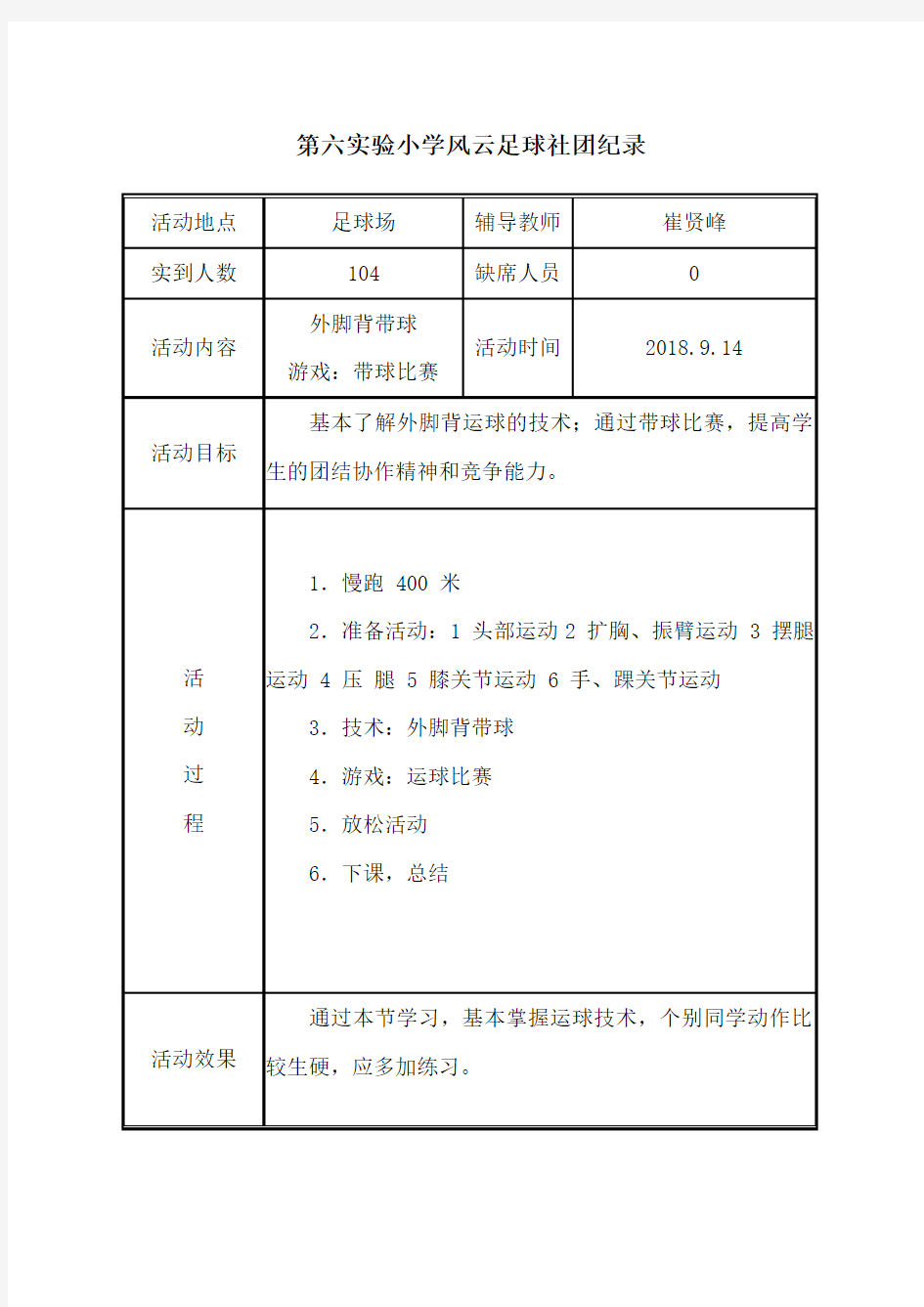 足球社团活动记录表