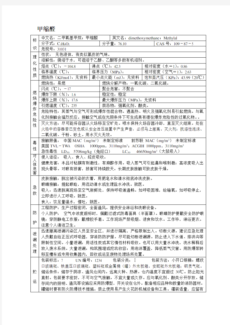 甲缩醛(MSDS)安全技术说明书