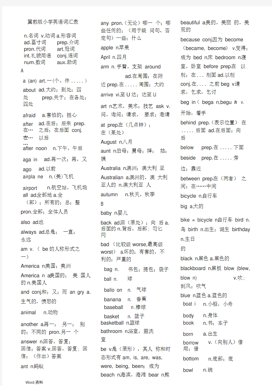 冀教版小学英语词汇表1