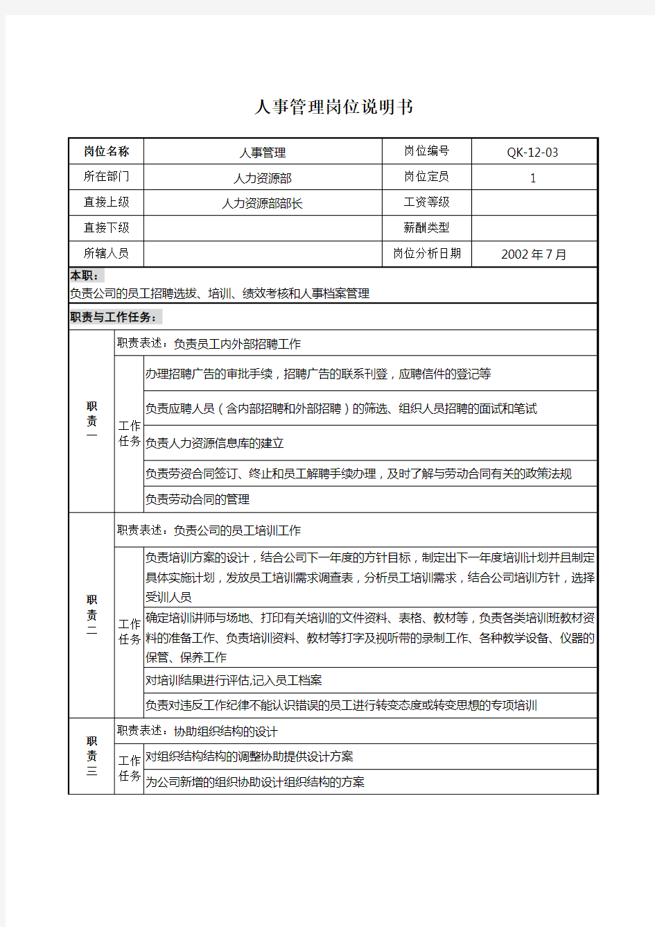 公司人力资源部人事管理岗位说明书