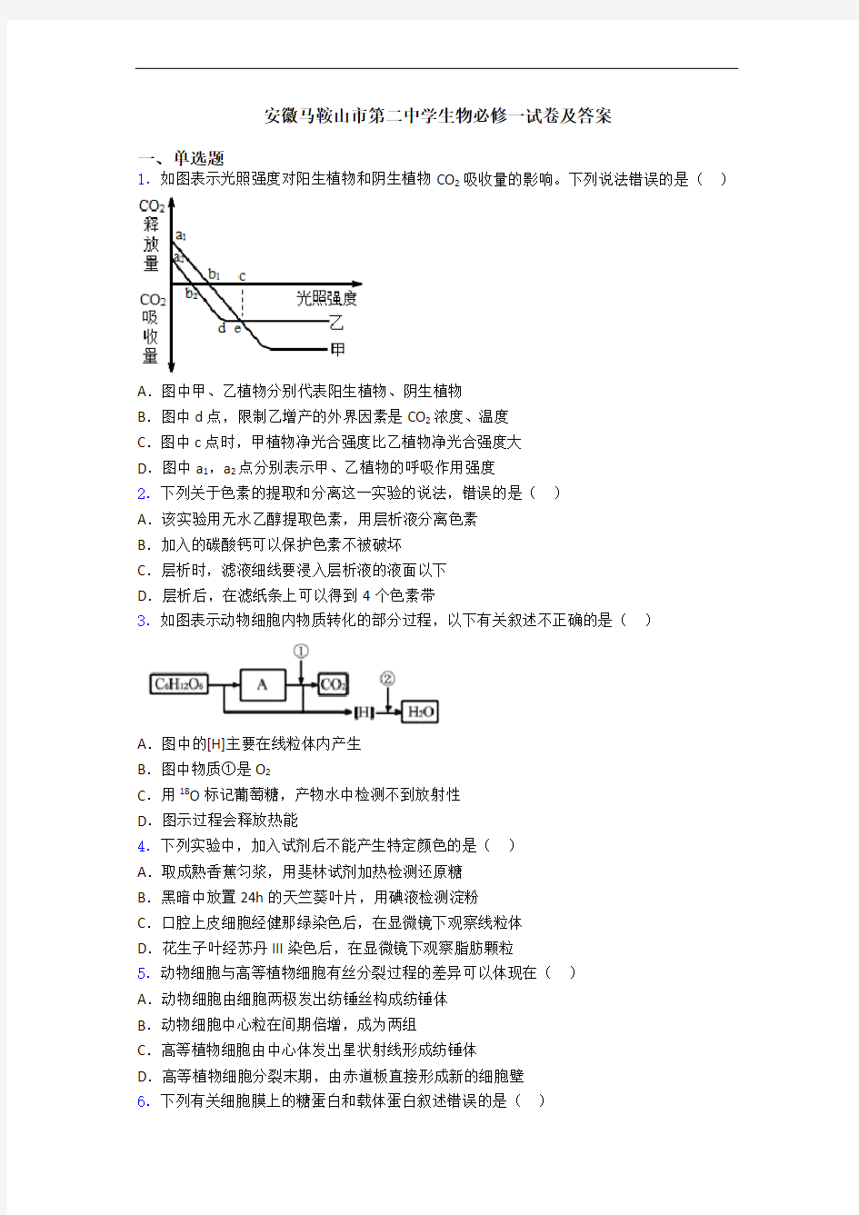 安徽马鞍山市第二中学生物必修一试卷及答案