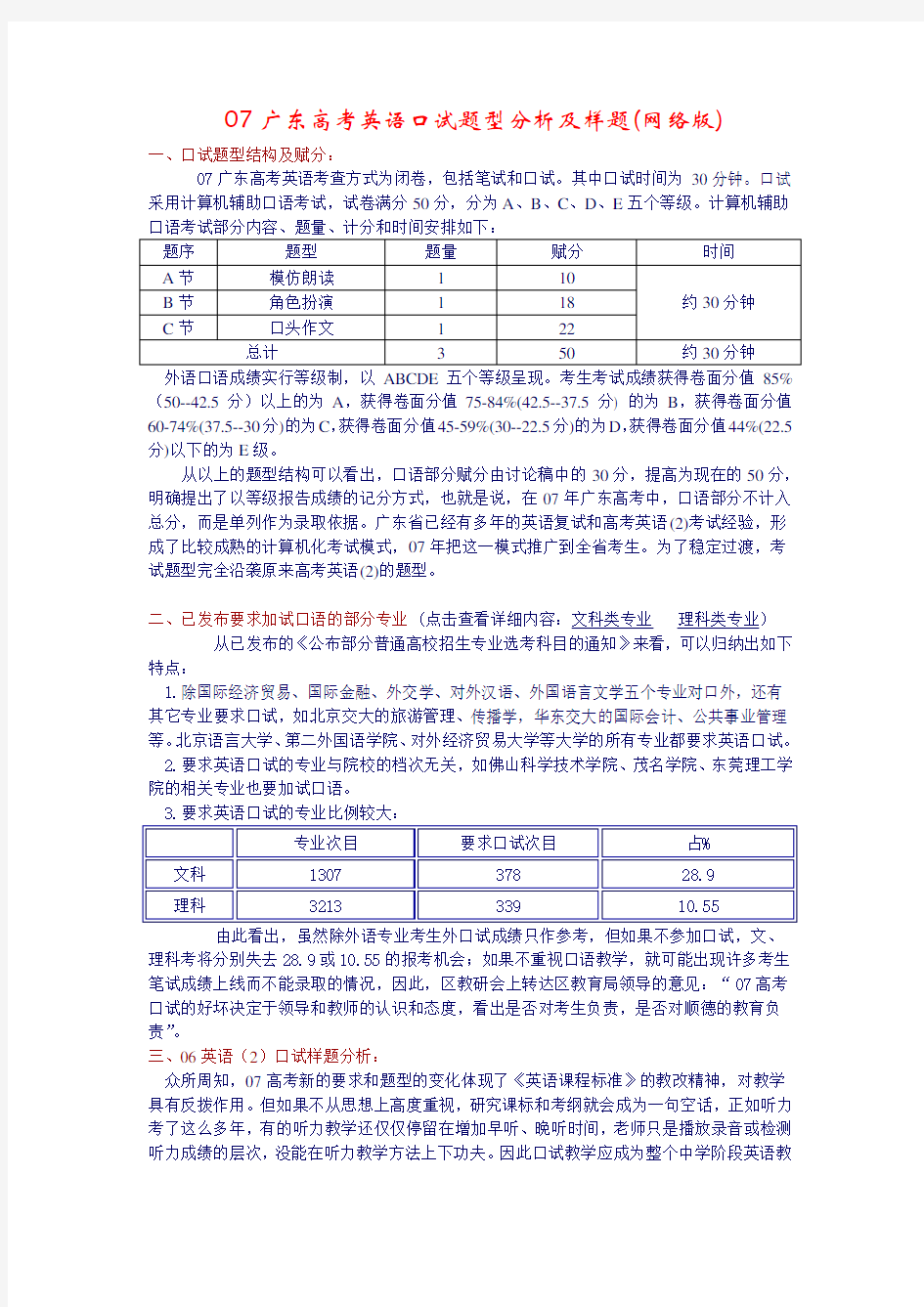 广东高考英语口试题型分析及样题(网络版)