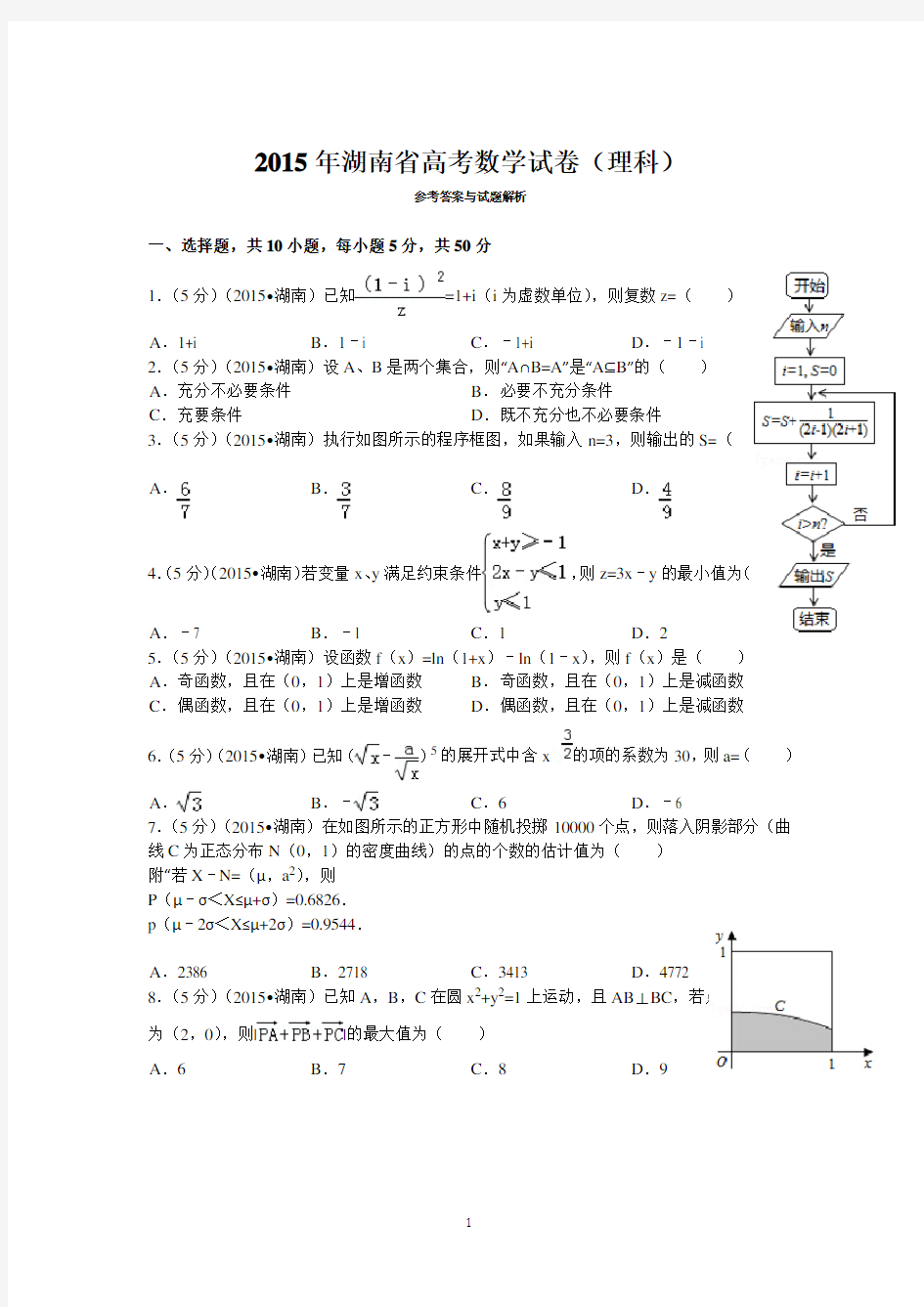 2015年湖南高考理科数学试题及答案