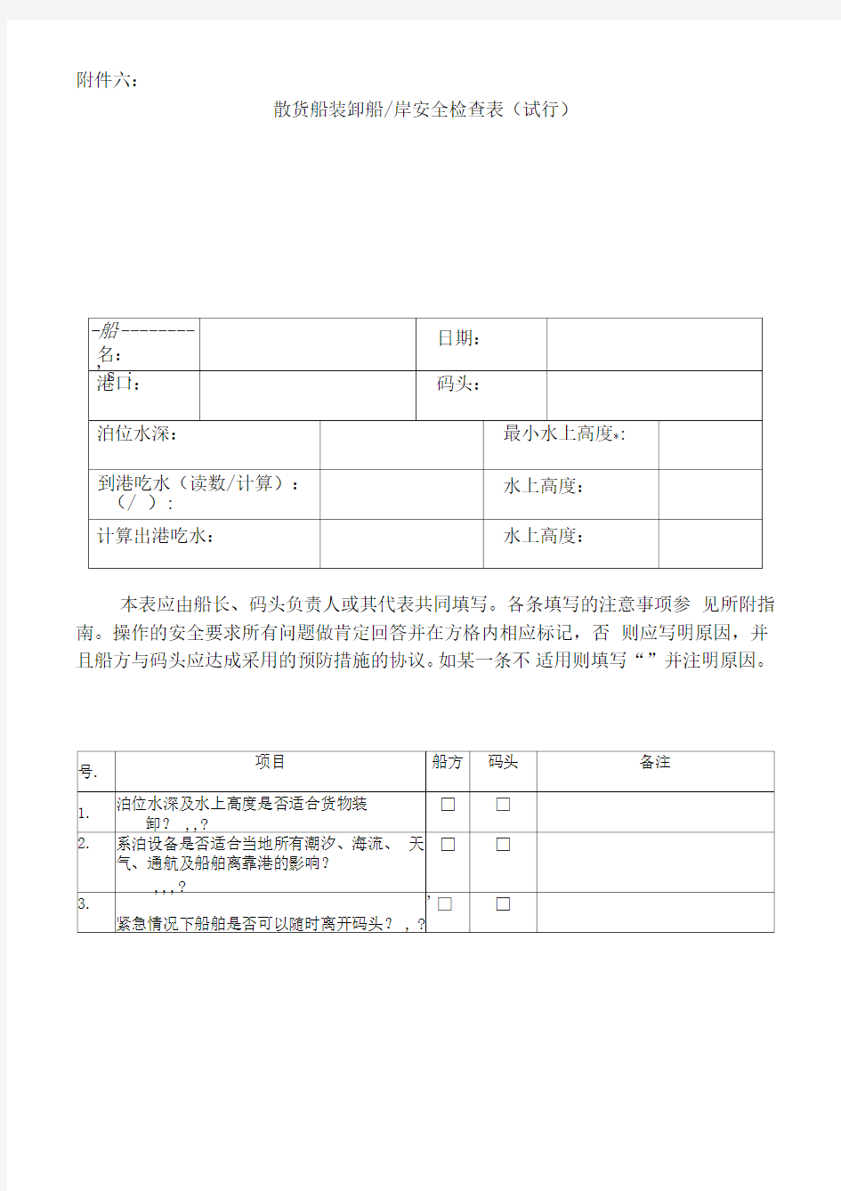 散货船装卸船岸安全检查表