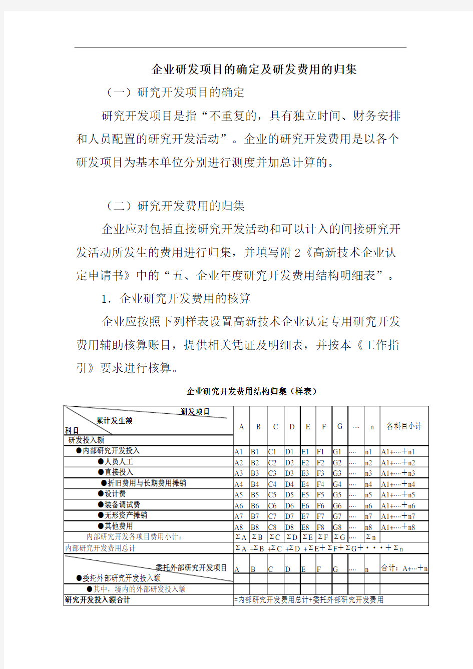 高新技术企业研发项目的确定及研发费用的归集