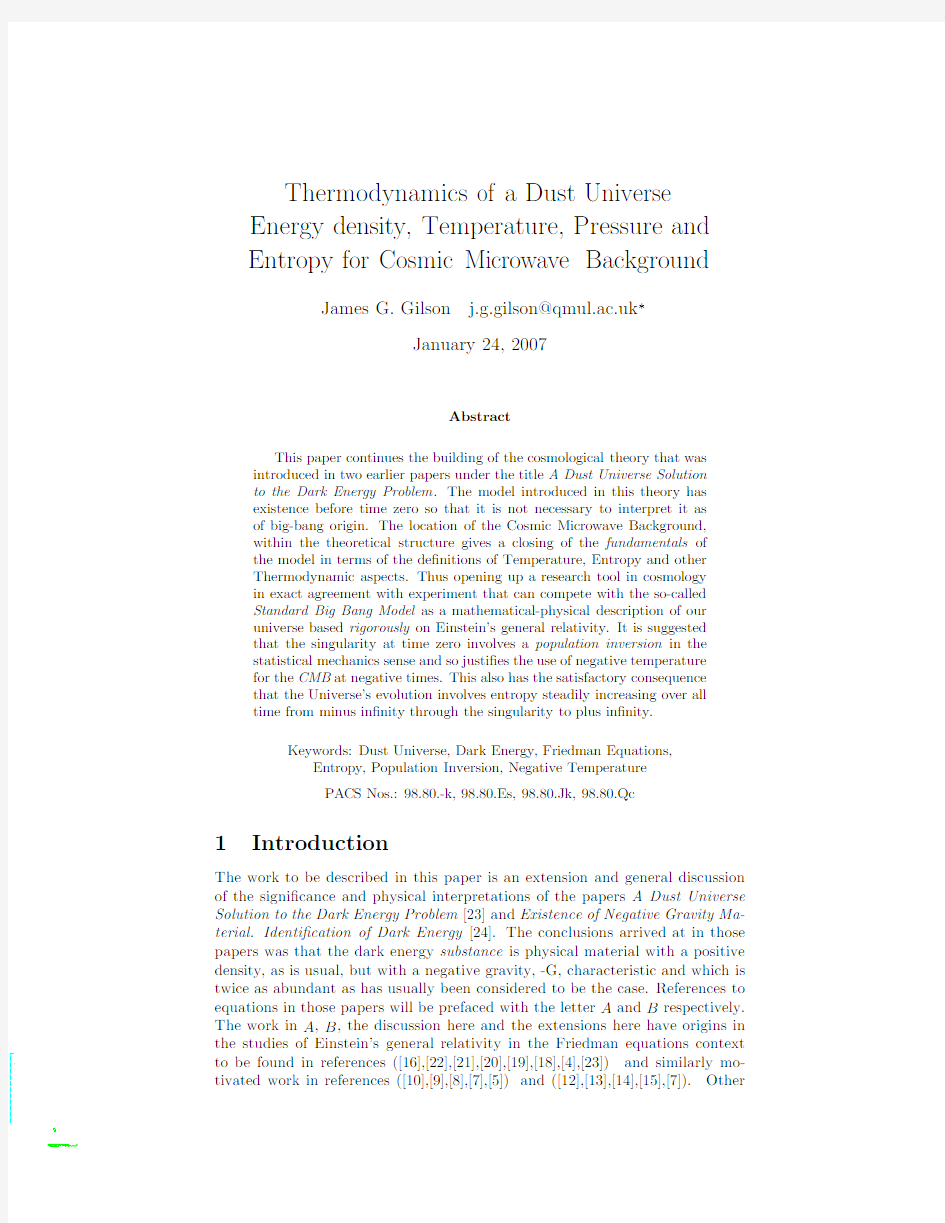 Thermodynamics of a Dust Universe, Energy density, Temperature, Pressure and Entropy for Co