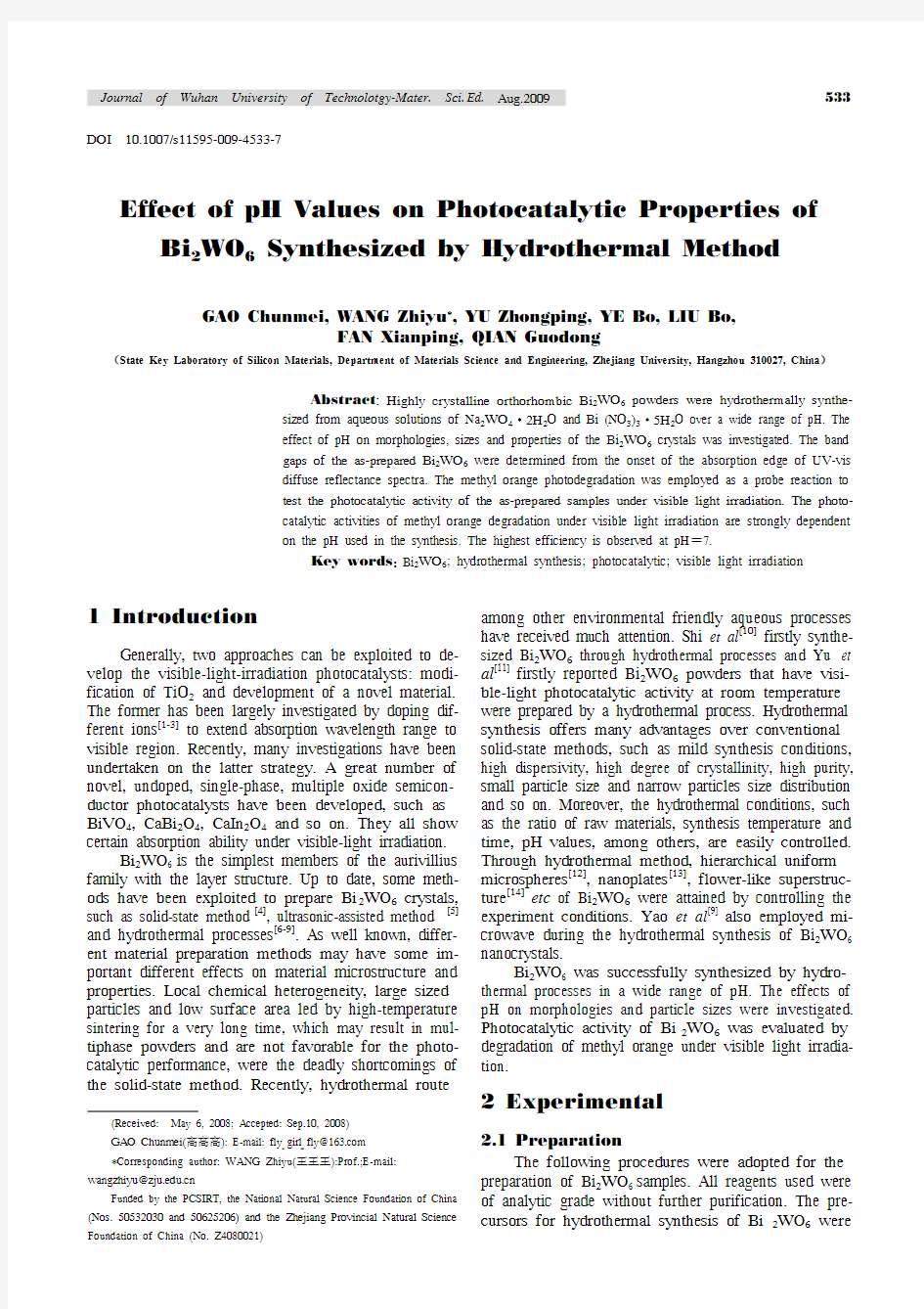 Effect of pH Values on Photocatalytic Properties of Bi2WO6 Synthesized by Hydrothermal Method