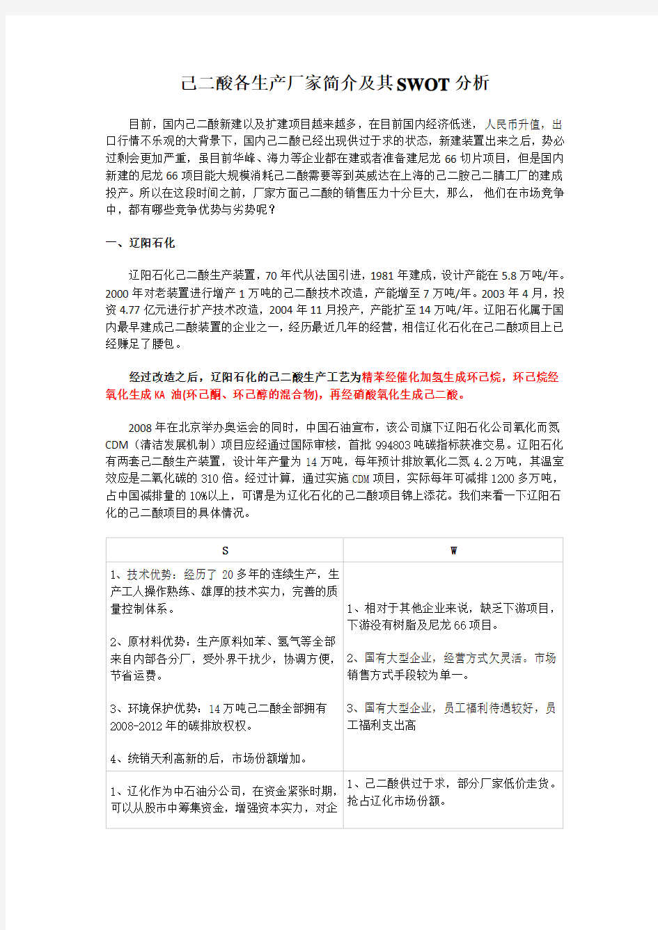 己二酸各生产厂家简介及其SWOT分析