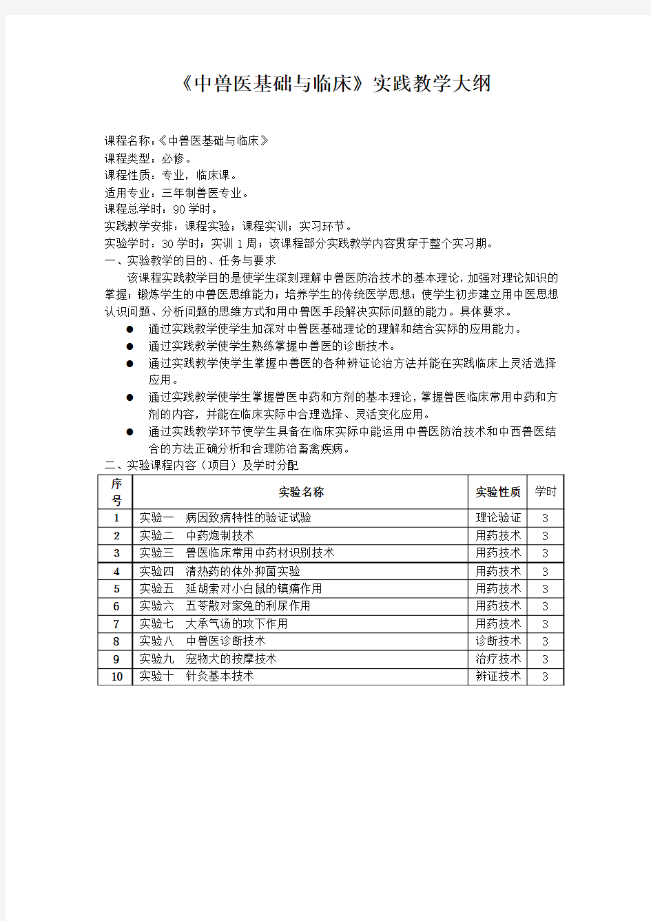 中兽医基础与临床实践教学大纲