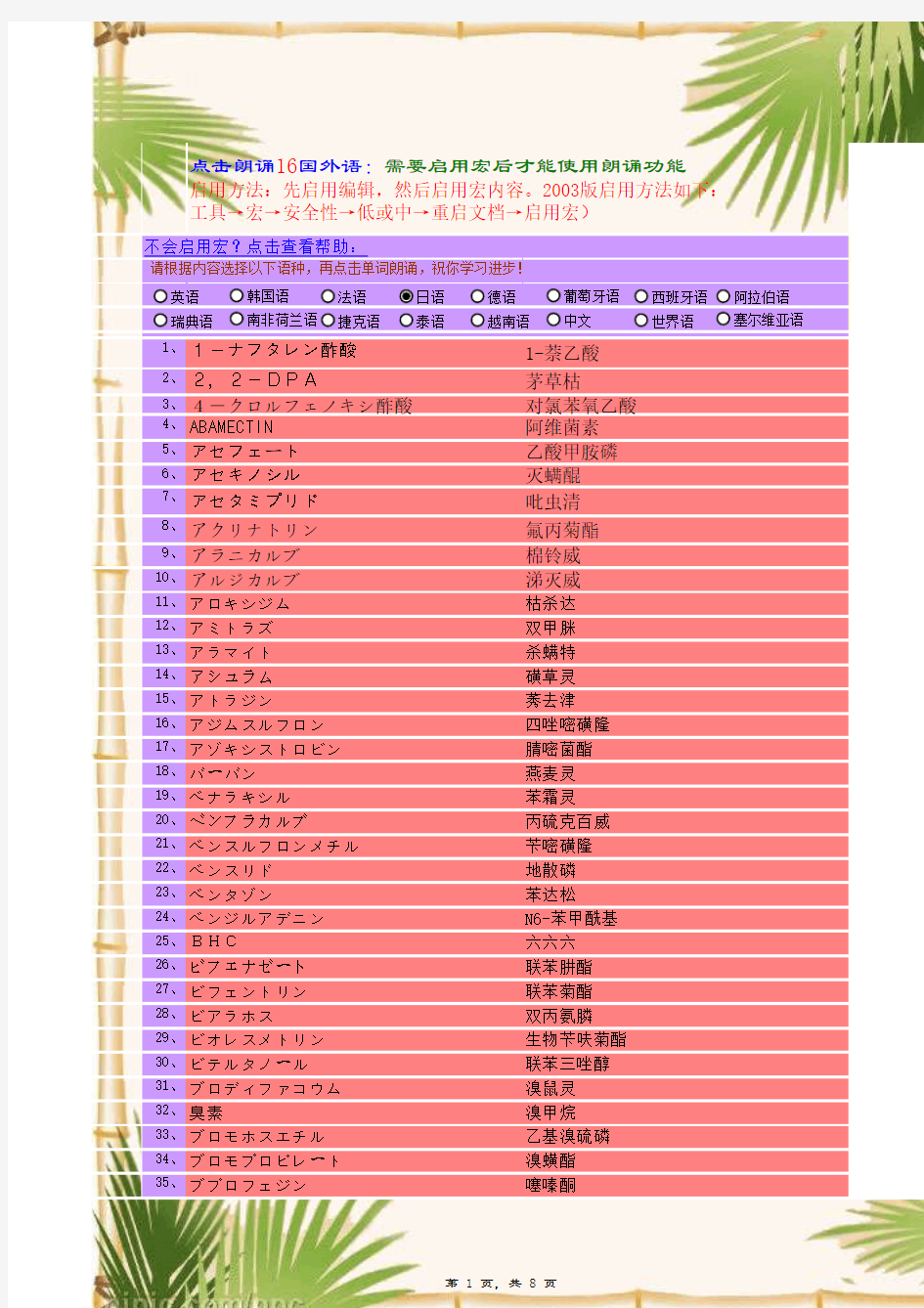 日本肯定列表制度茶叶农残限量表(中英日对照)--(新带真人朗读学习日文功能)