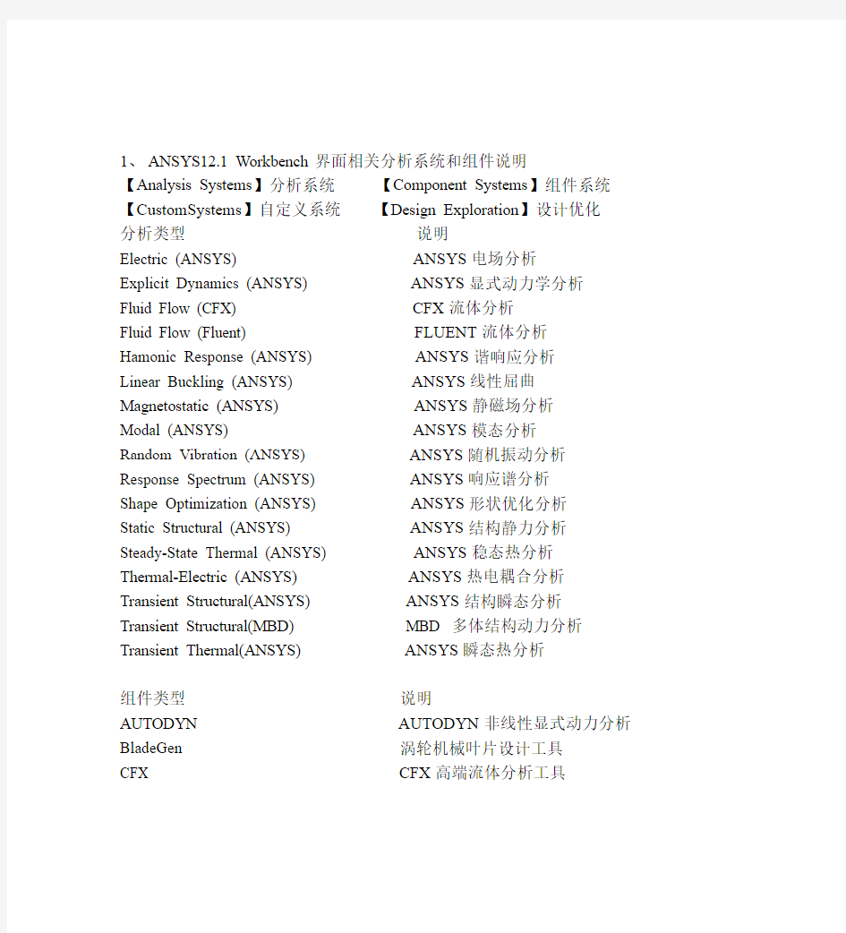 ANSYS Workbench菜单中英文对照