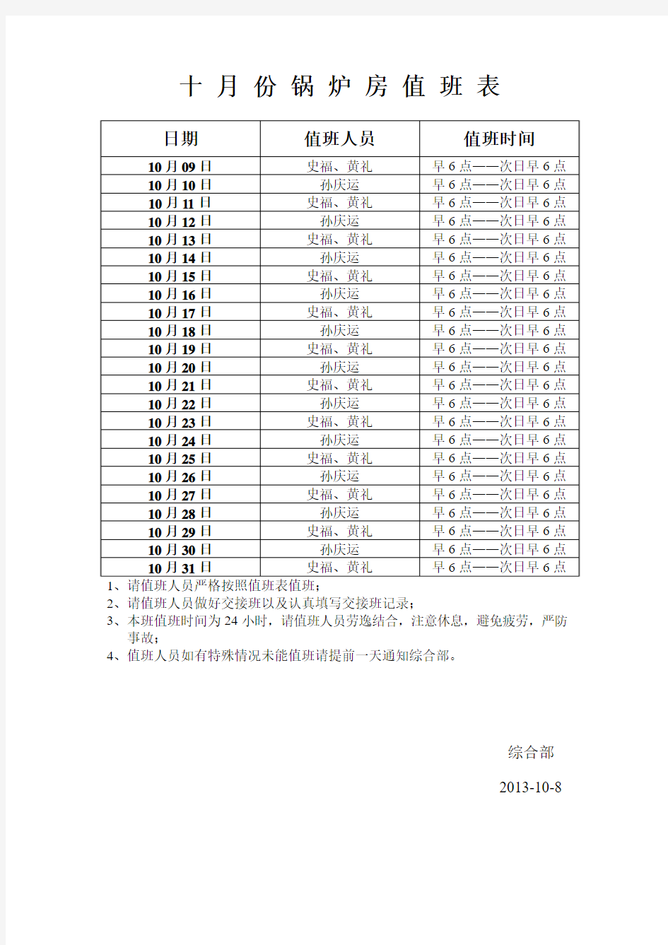 锅 炉 房 值 班 表