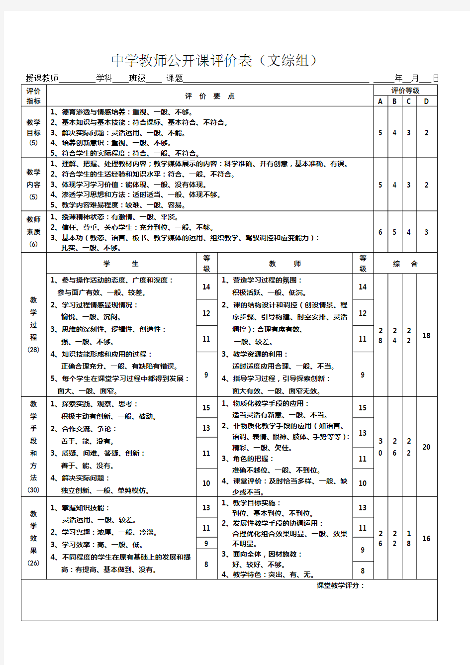 教师公开课评价表