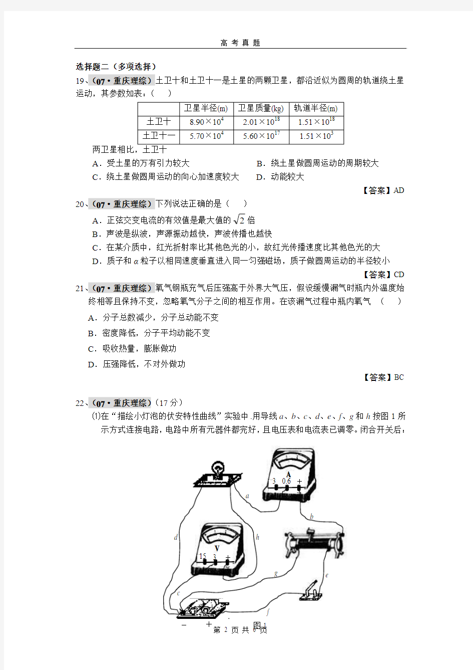 高考理综 物理部分 重庆理综 07年