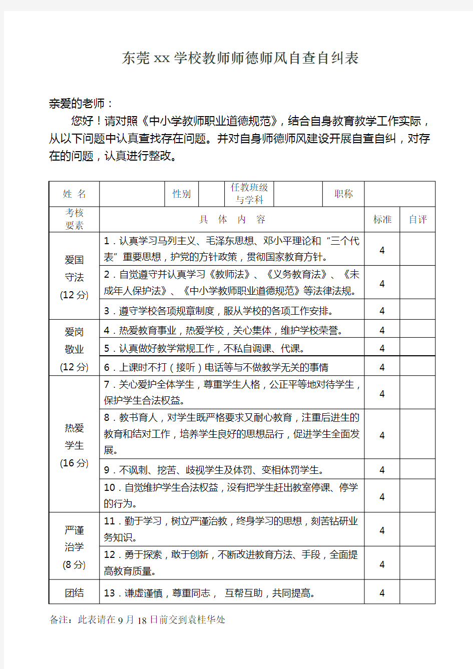 教师师德师风自查自纠表