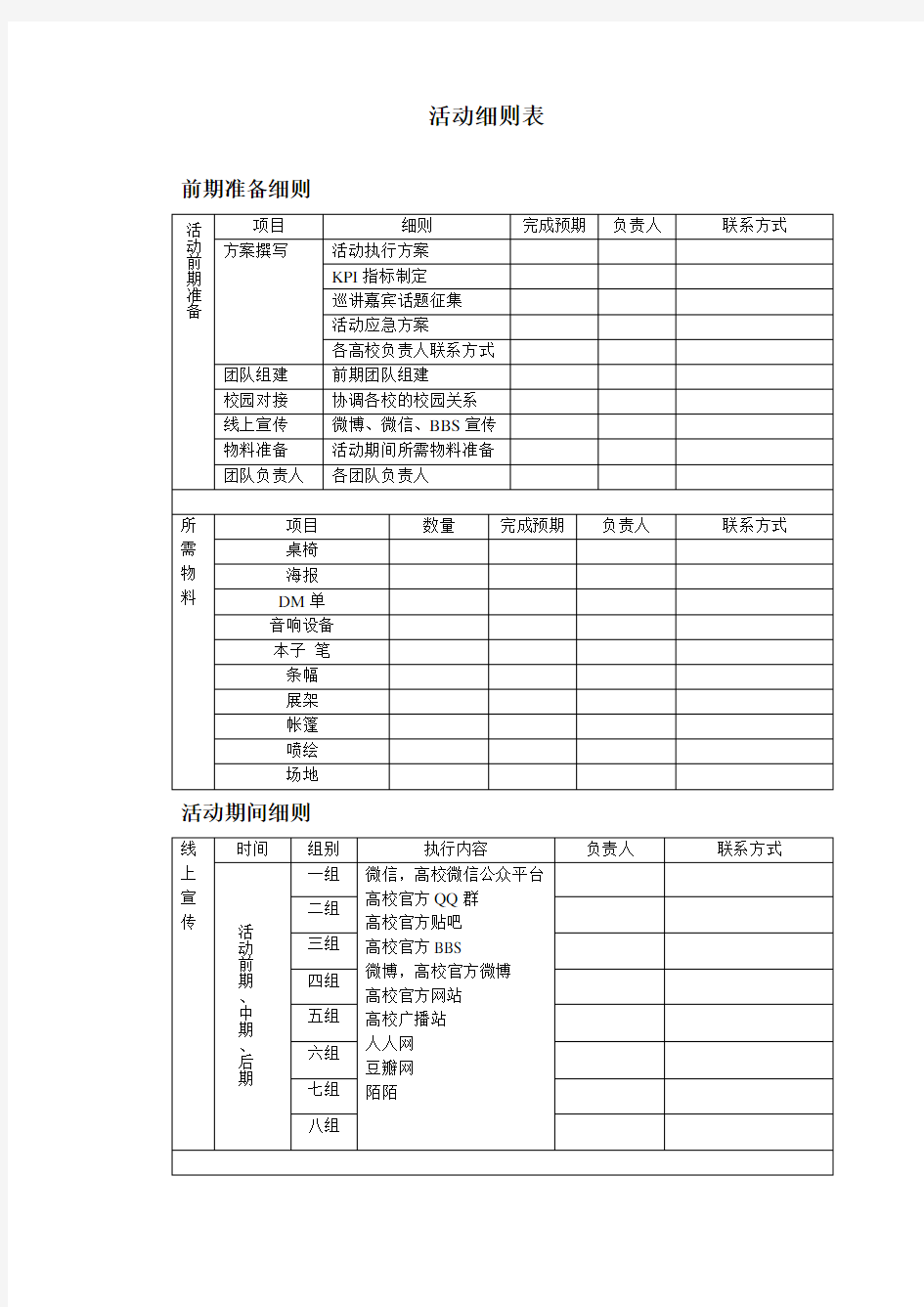 活动分工细则表