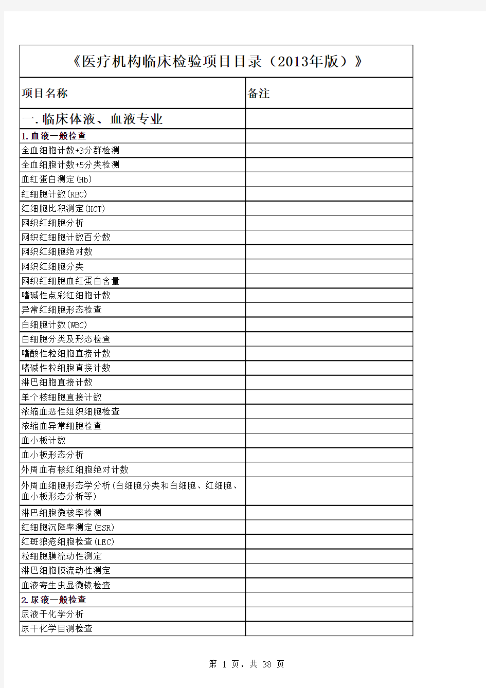 《医疗机构临床检验项目目录(2013年版)》