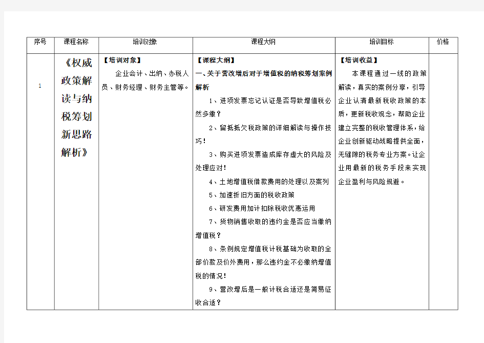 税务培训一览表