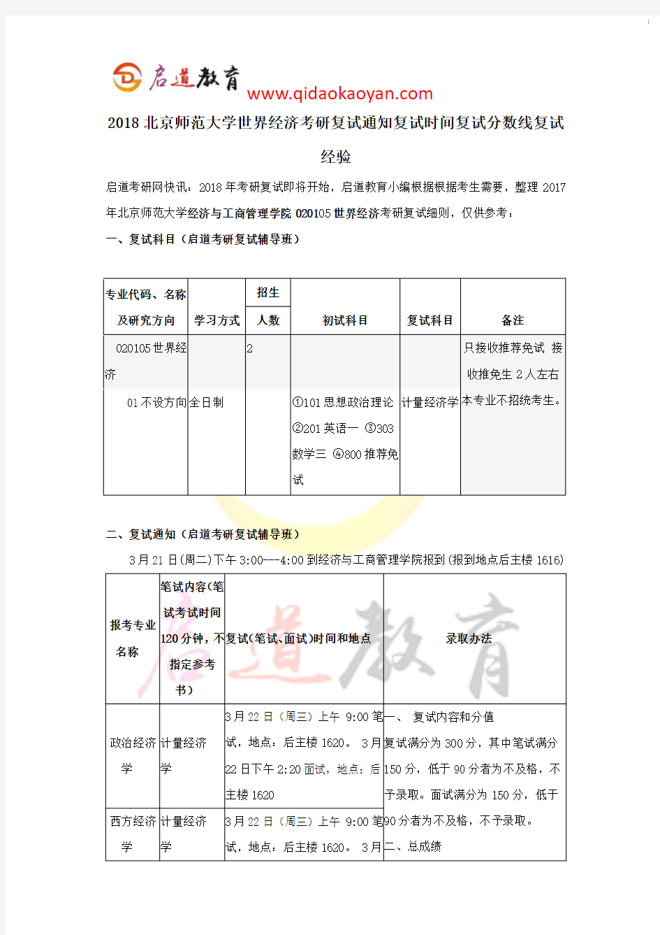 2018北京师范大学世界经济考研复试通知复试时间复试分数线复试经验