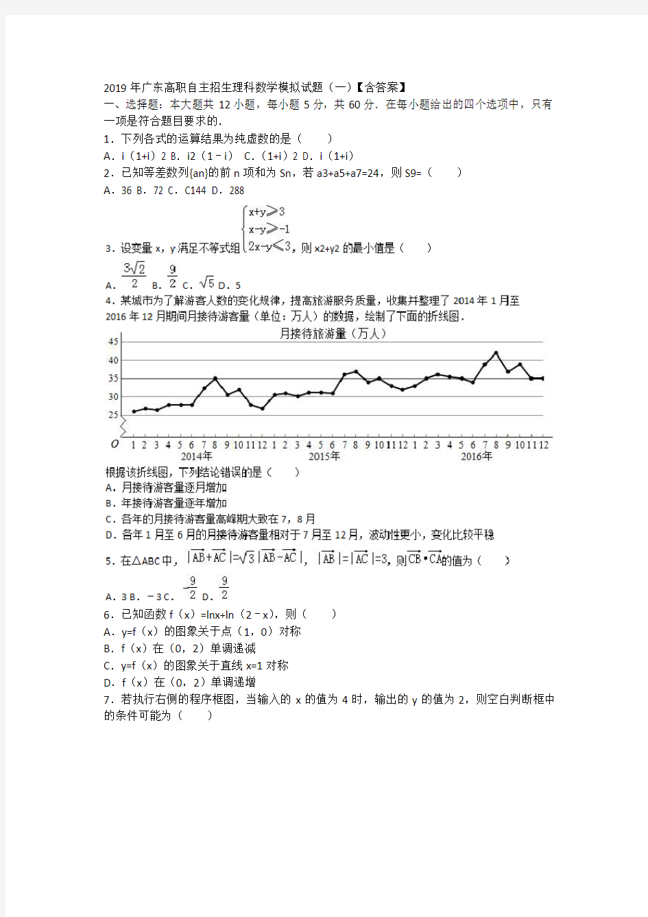 2019年广东高职自主招生理科数学模拟试题(一)【含答案】