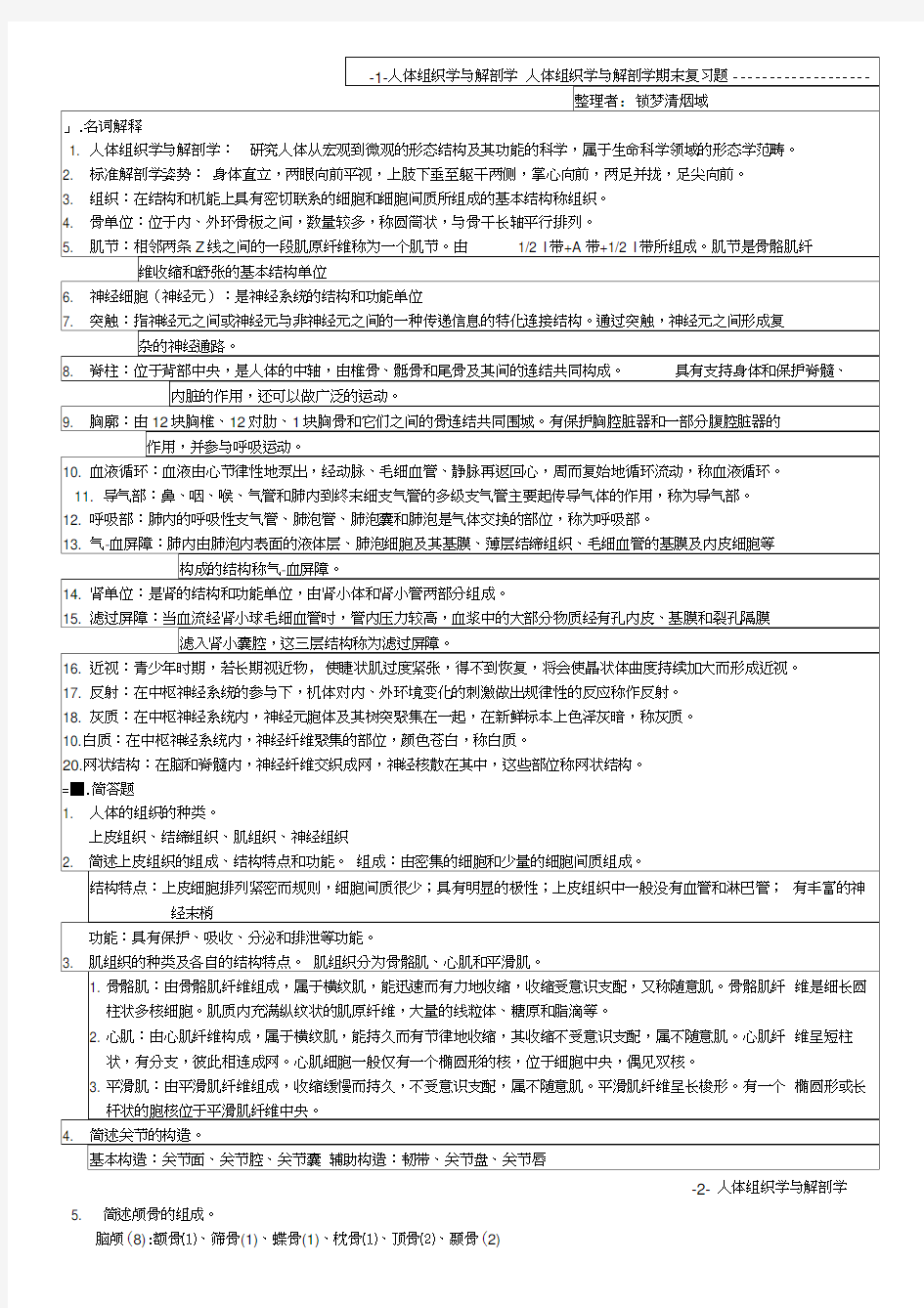 人体组织学与解剖学期末复习题