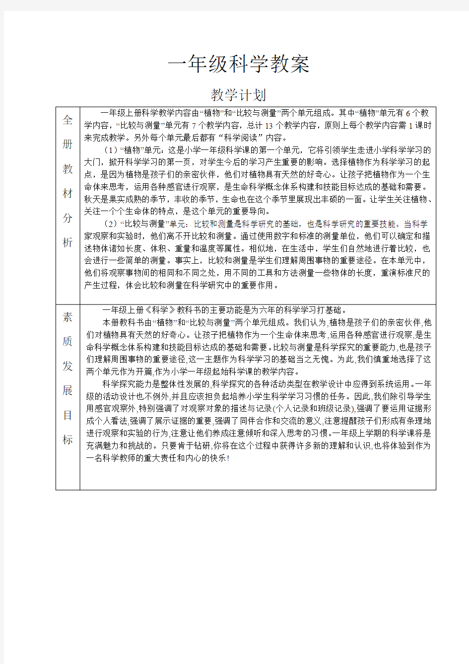 部编人教版一年级科学上册植物教案