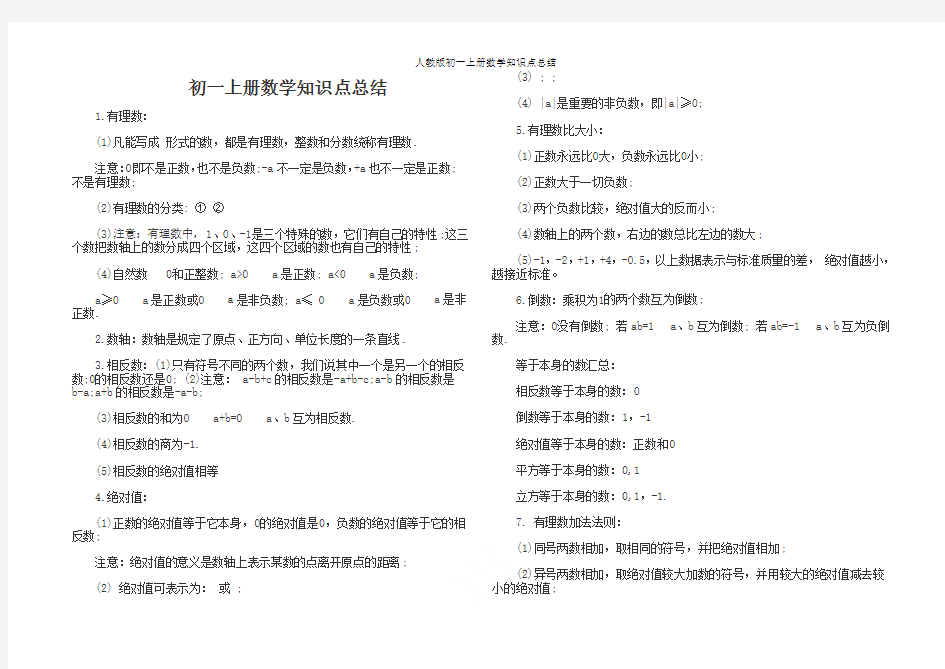 人教版初一上册数学知识点总结