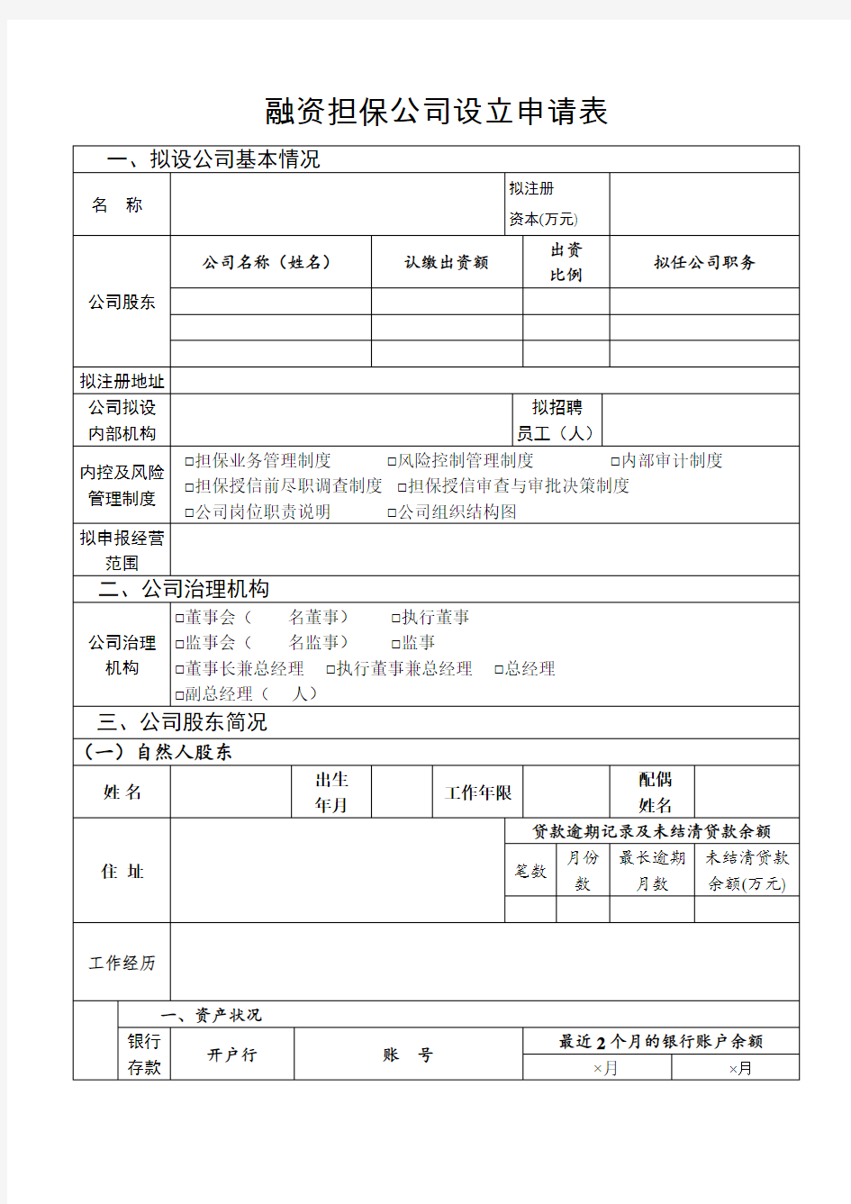 融资担保公司设立申请表