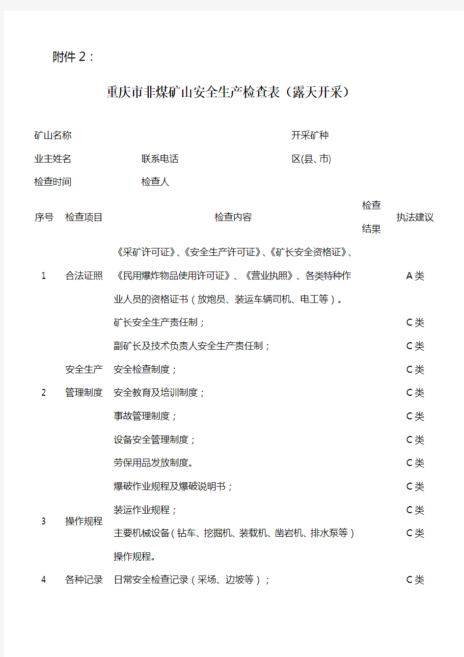 重庆市非煤矿山安全生产执法检查表(地下开采)