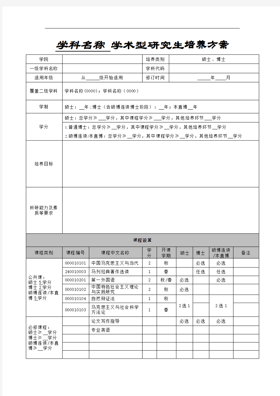 学术型研究生培养方案样表(2020版)